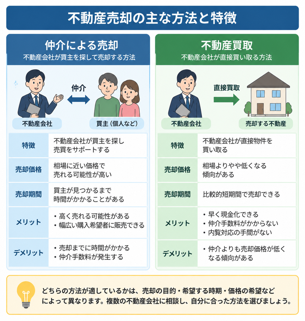 仲介と不動産買取の売却価格や期間、メリット・デメリットの違い 