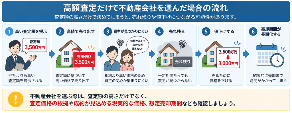 高額査定だけで不動産会社を選んだ場合に売れ残りや値下げにつながる流れ