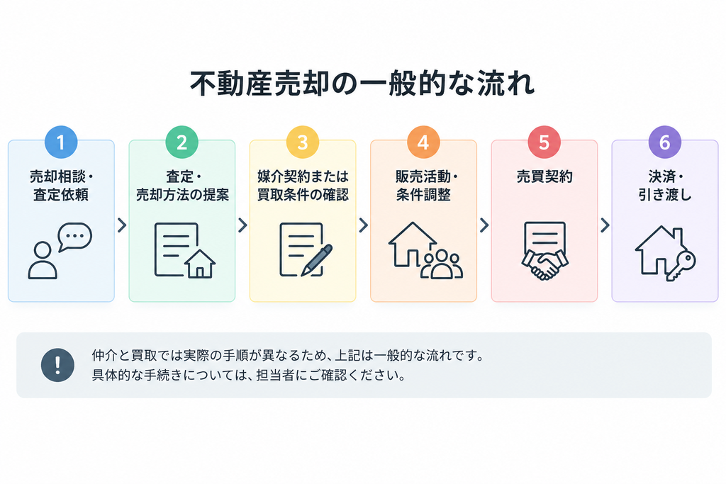 不動産売却の相談・査定から売買契約、決済・引き渡しまでの一般的な流れを示した図解