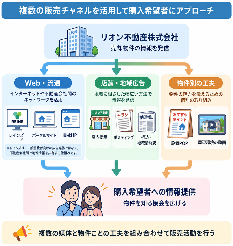 リオン不動産株式会社がWeb・流通、店舗・地域広告、物件別の工夫を通じて購入希望者に情報を届ける仕組み