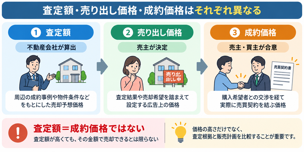 不動産売却における査定額・売り出し価格・成約価格の違いと、それぞれの価格を決定する主体を示した図解