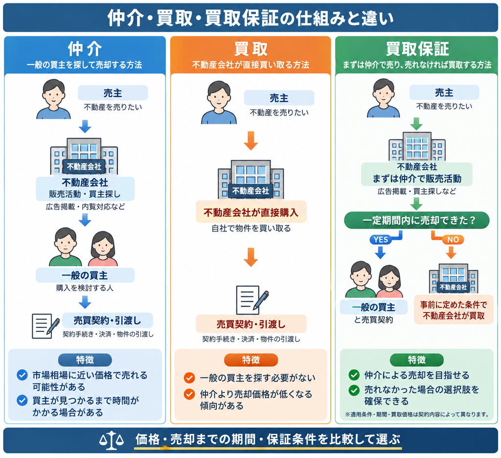 不動産売却の仲介・買取・買取保証について、取引の流れと売却価格・期間の違いを比較した図解