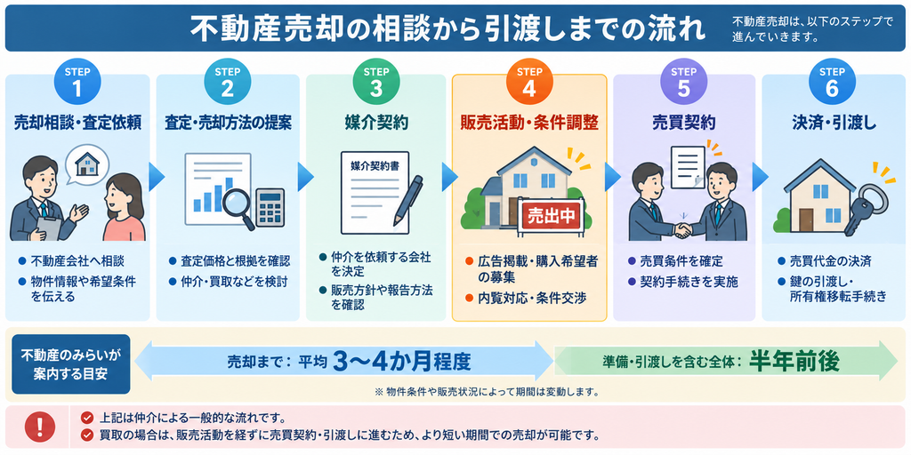 不動産売却の相談・査定から媒介契約、販売活動、売買契約、決済・引渡しまでの6ステップを示した図解