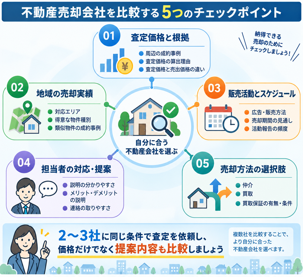 不動産会社選びで確認したい査定根拠・地域実績・販売活動・担当者対応・売却方法の5項目を示した図解